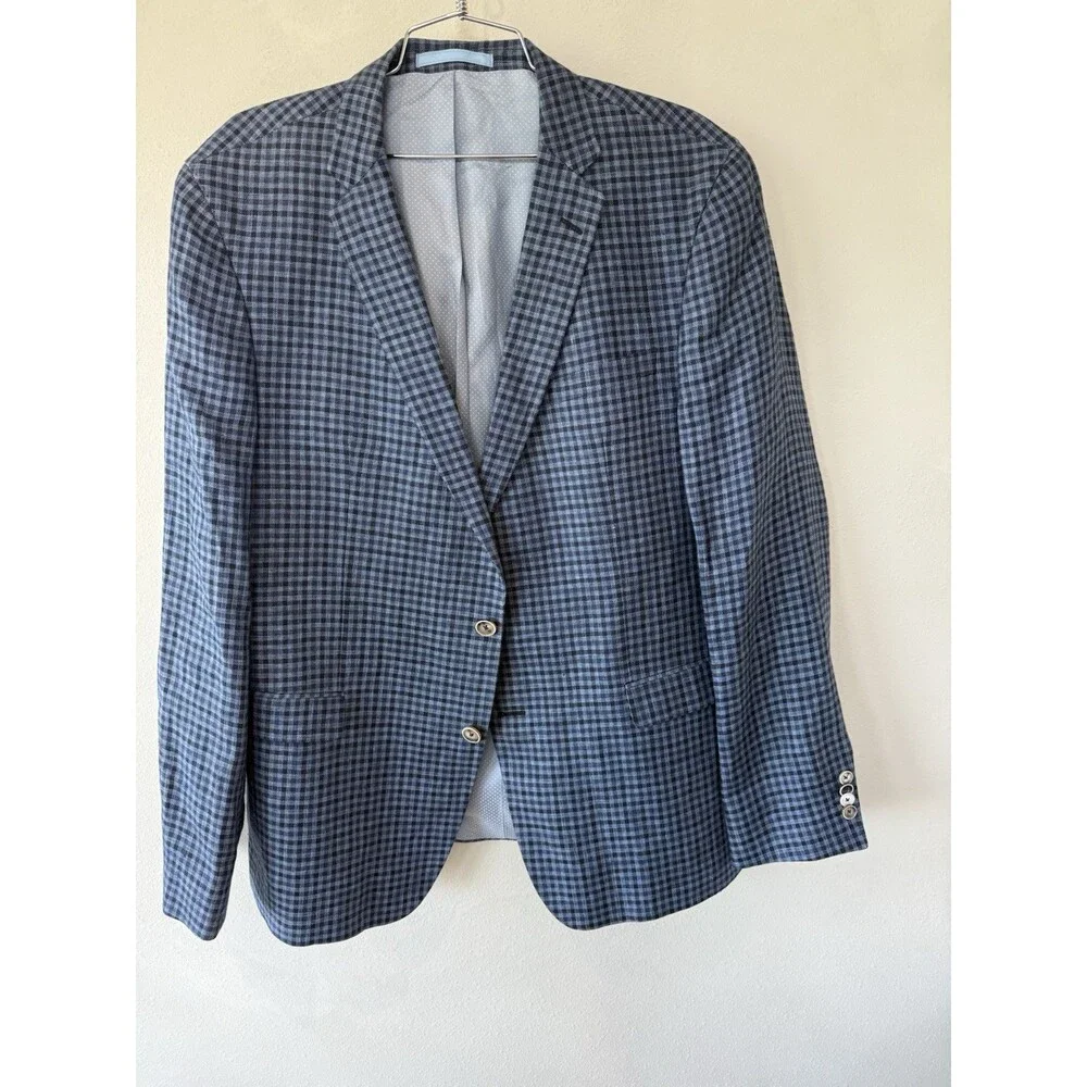 Sand Copenhagen Men’s 54 100% Linen Sport Jacket Coat Blue Plaid Angelico Button
